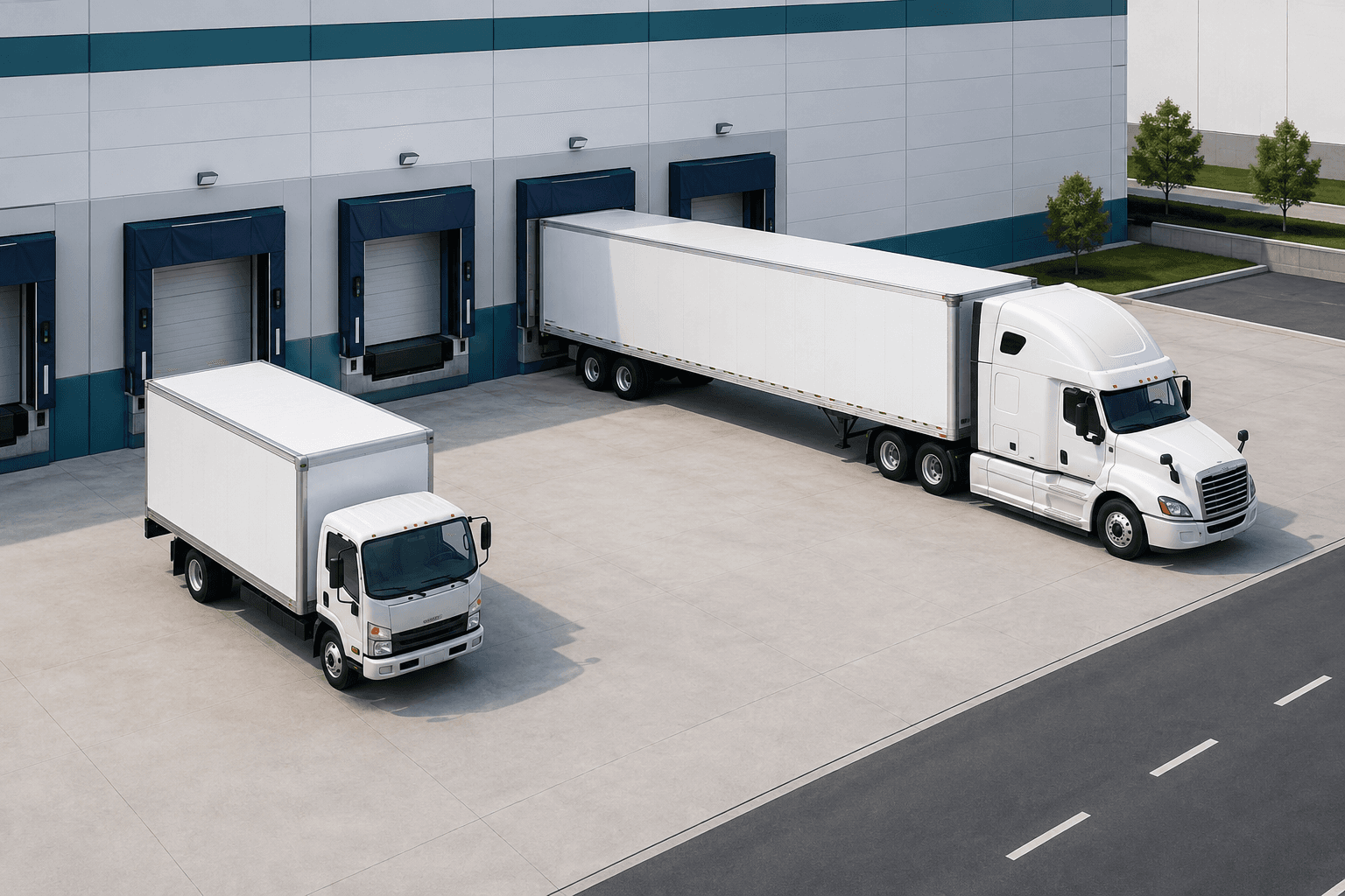 Conceptual illustration of two trucks beside warehouse docks; not an actual FST fleet or facility.